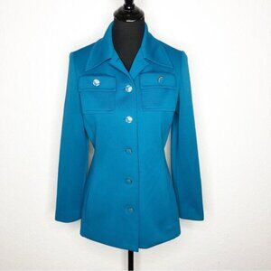 Vintage Kimberly teal peacock blue Dacron polyester button front jacket 60s 70s